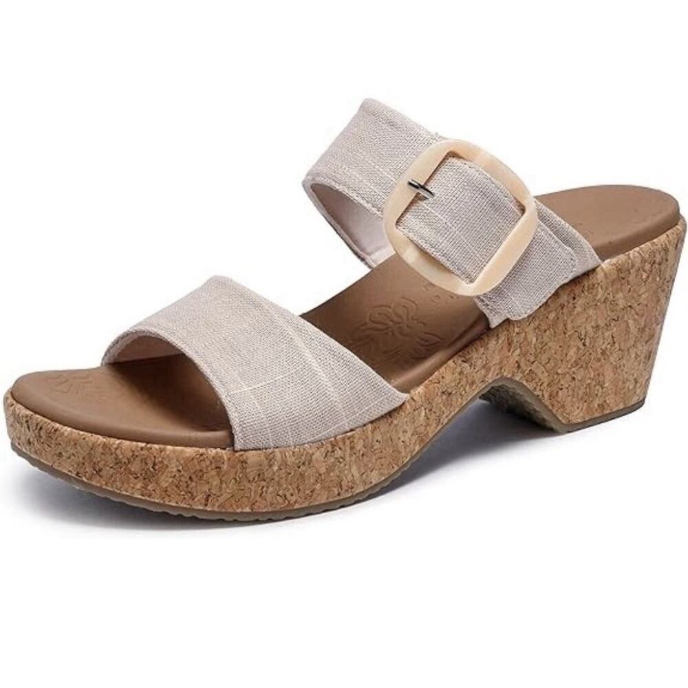 Skechers Women Sz 9 Wedge Sandal Slip On Off White Natural Slip On Comfort 3"
